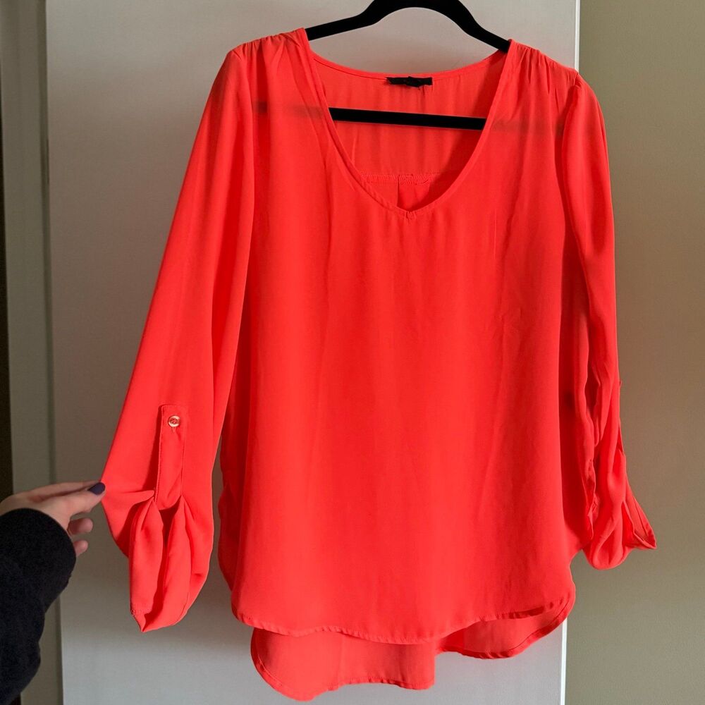 Bright Orange Polyester Blouse E M brand Size Large EUC